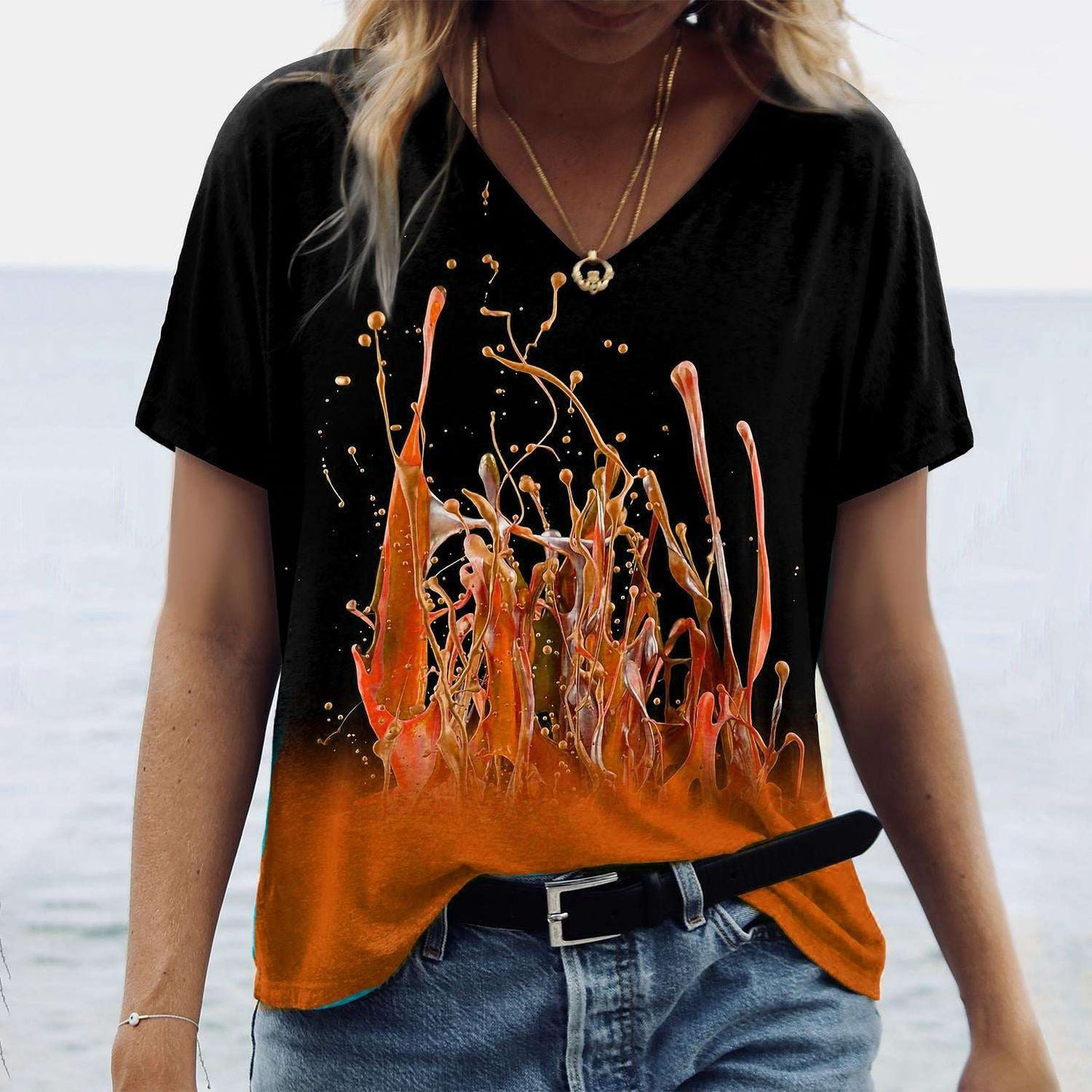 Women's Abstract Painting V-Neck T-Shirt Top