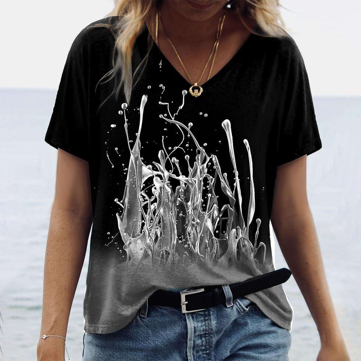 Women's Abstract Painting V-Neck T-Shirt Top