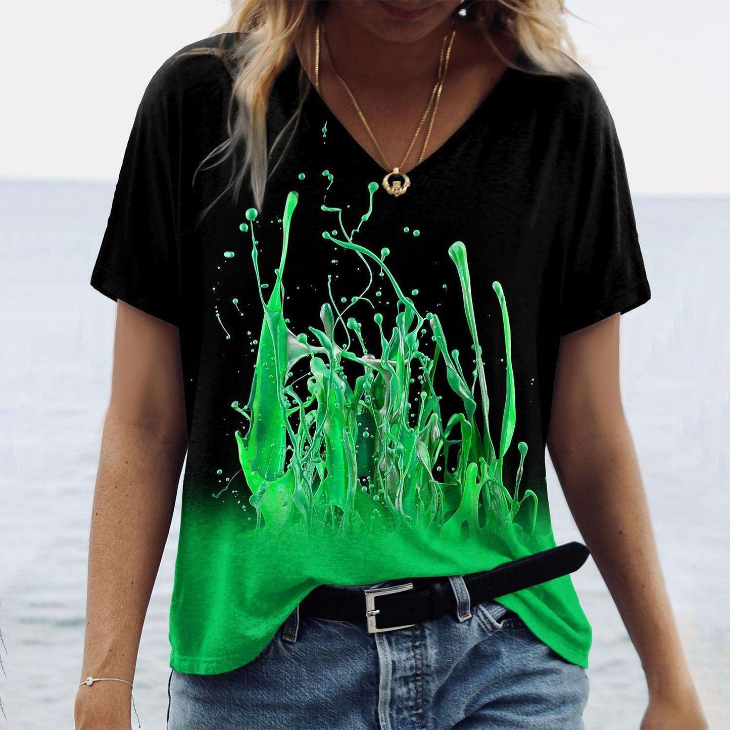 Women's Abstract Painting V-Neck T-Shirt Top