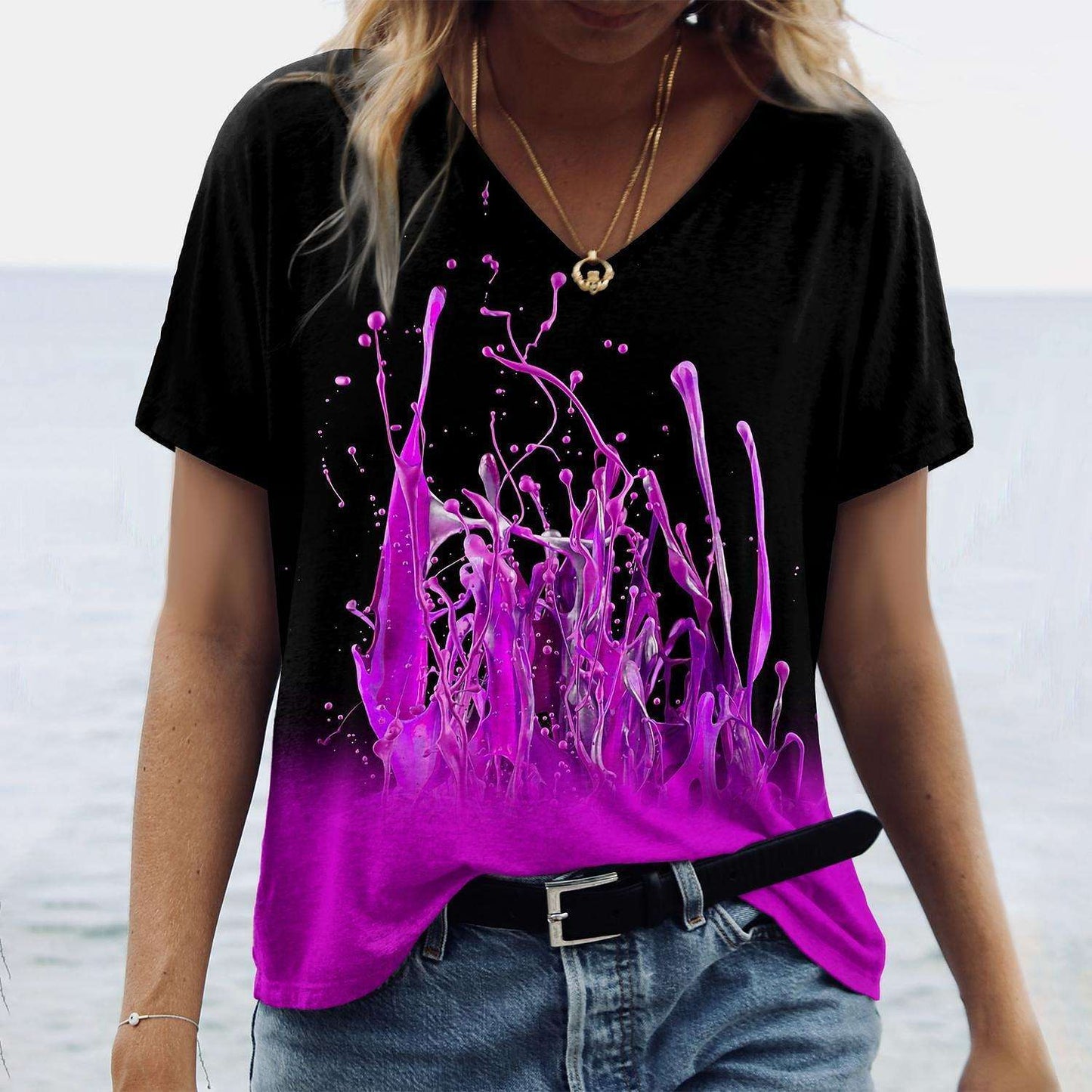 Women's Abstract Painting V-Neck T-Shirt Top